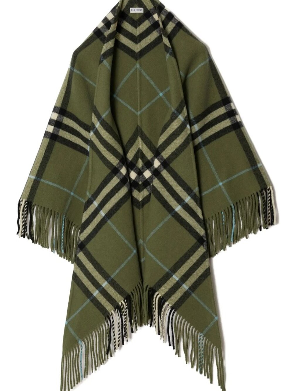Burberry Bandana Check Fringe Wool Cape SHRUB Green